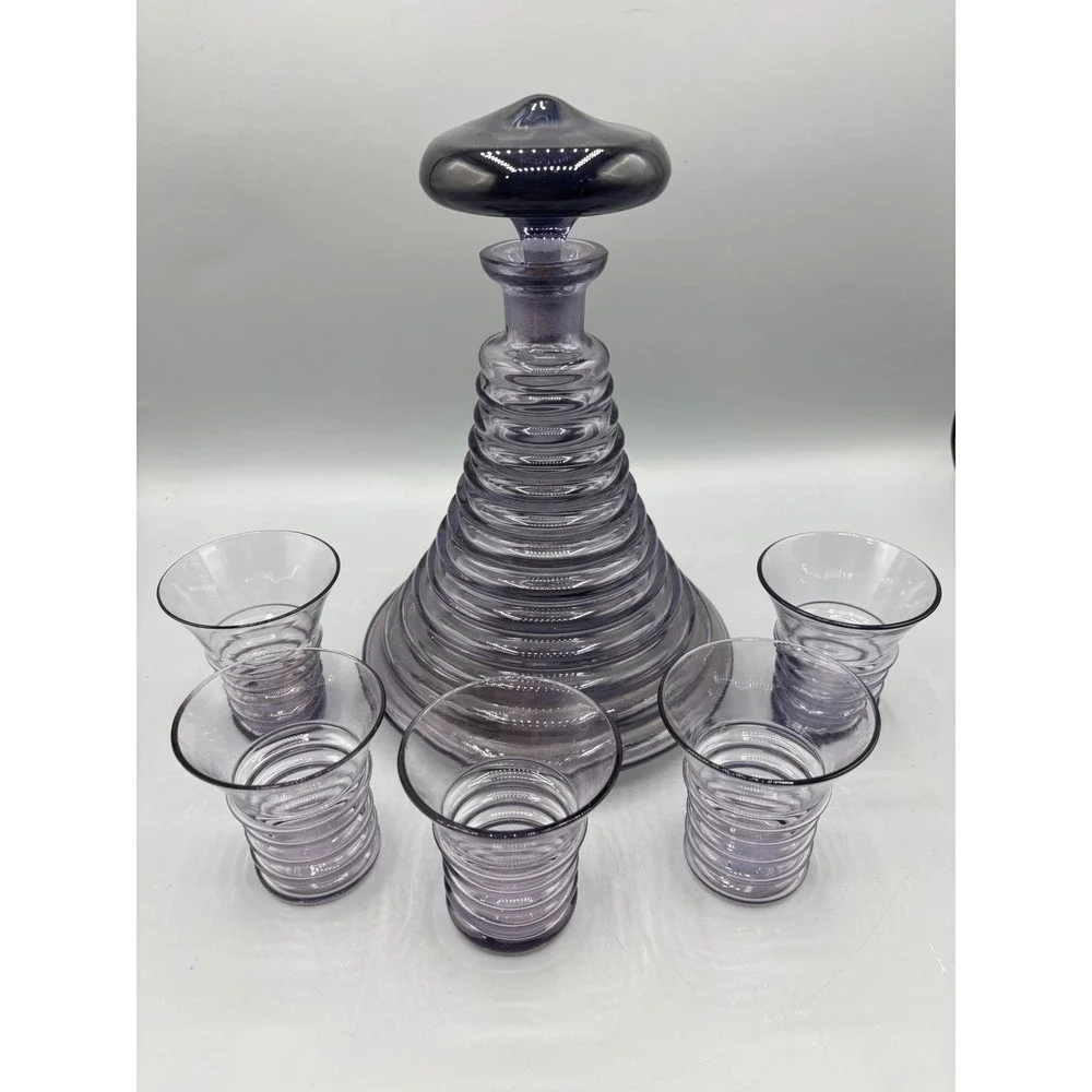 Vtg Purple Glass Beehive Decanter Set 5 Ribbed Shot Glasses Barware Unique EMPTY